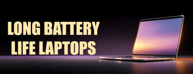 A laptop running unplugged on a table beside a compact USB-C charger, battery indicator visible on screen