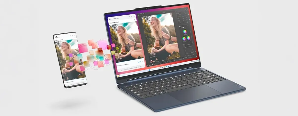 Smartphone and Yoga 9i laptop illustrating instant tap-to-connect file sharing