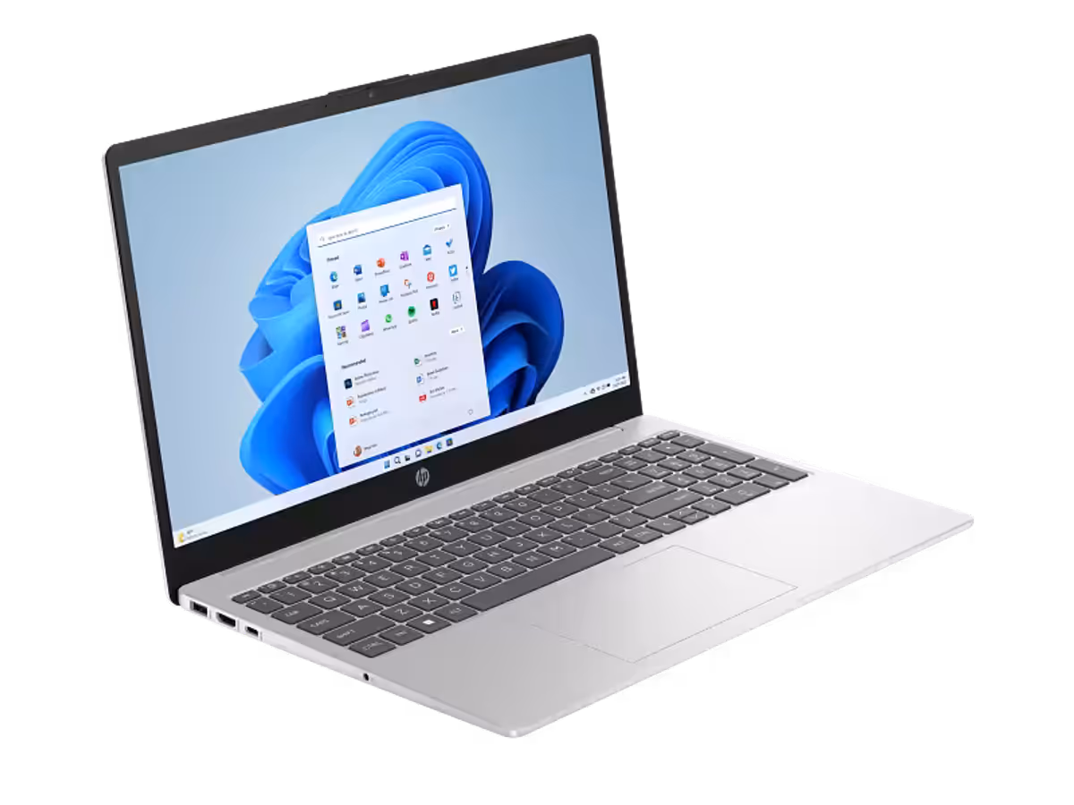 HP 15.6 inch Laptop PC shown from the right side emphasizing screen-to-body ratio and display quality