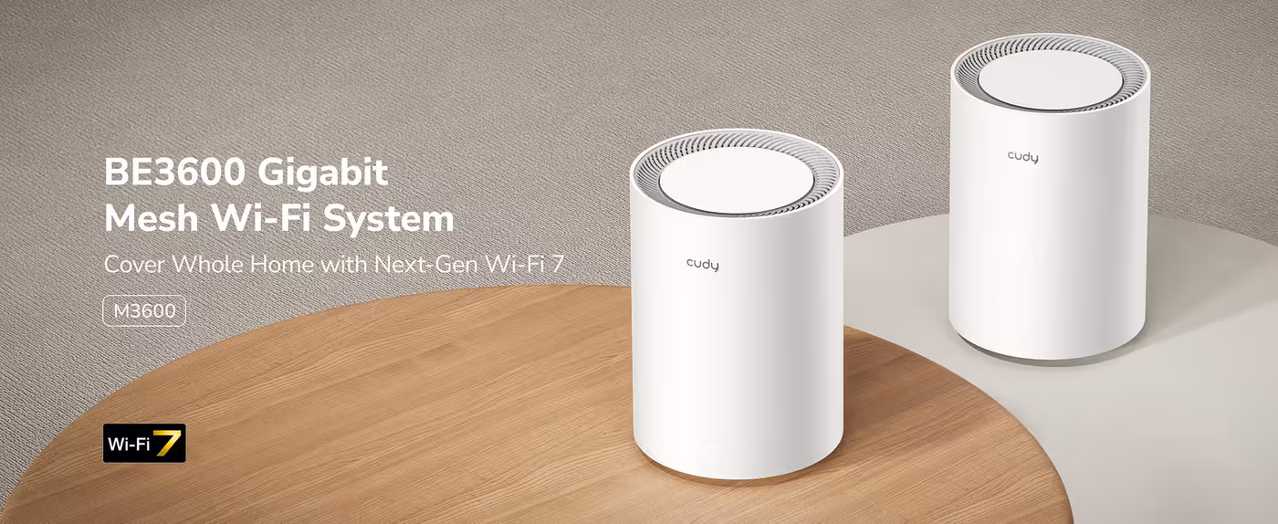 Three CUDY M3600 mesh units covering a home under one Wi-Fi 7 network