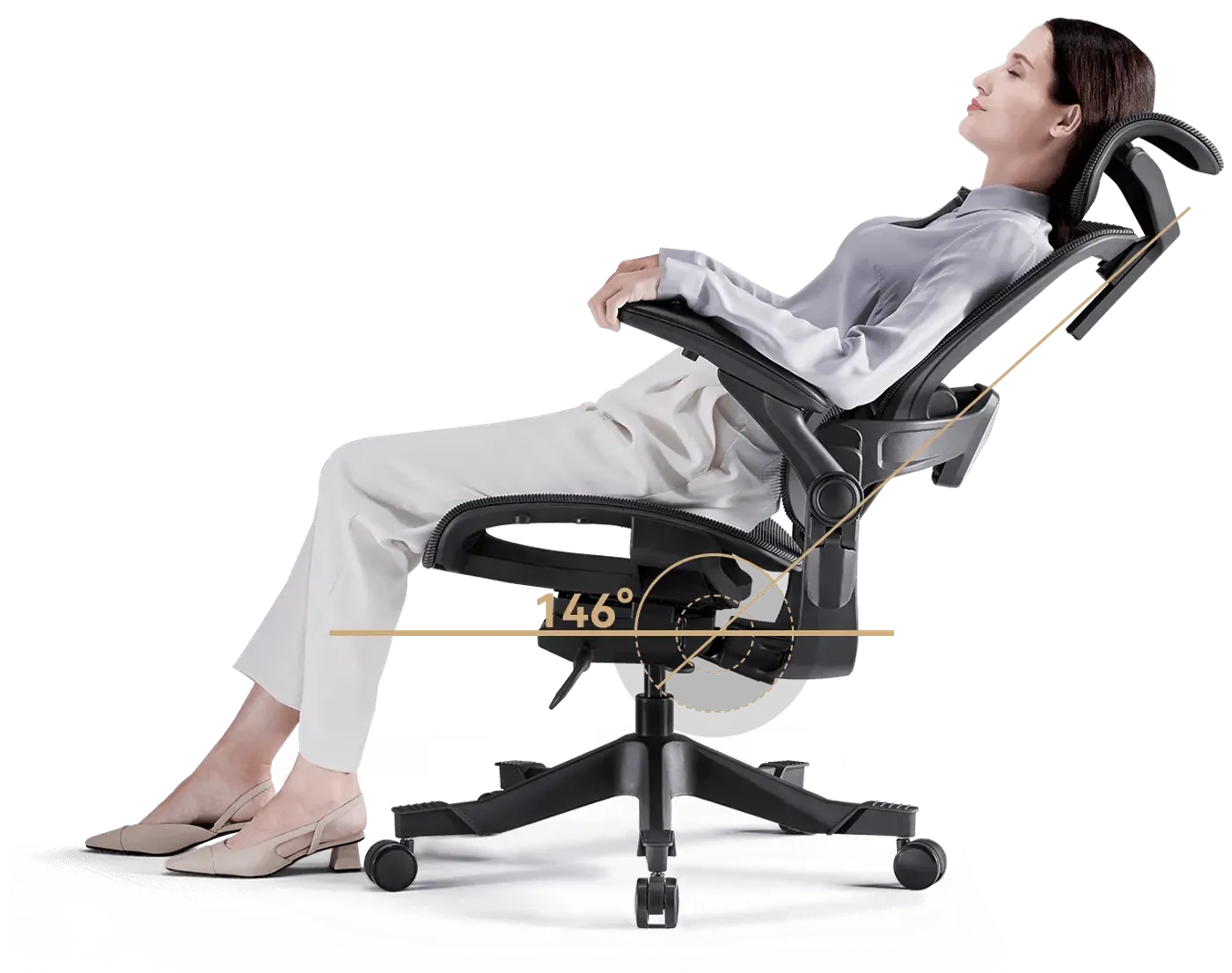 Ergonomic chair reclining to its maximum 146 degree angle