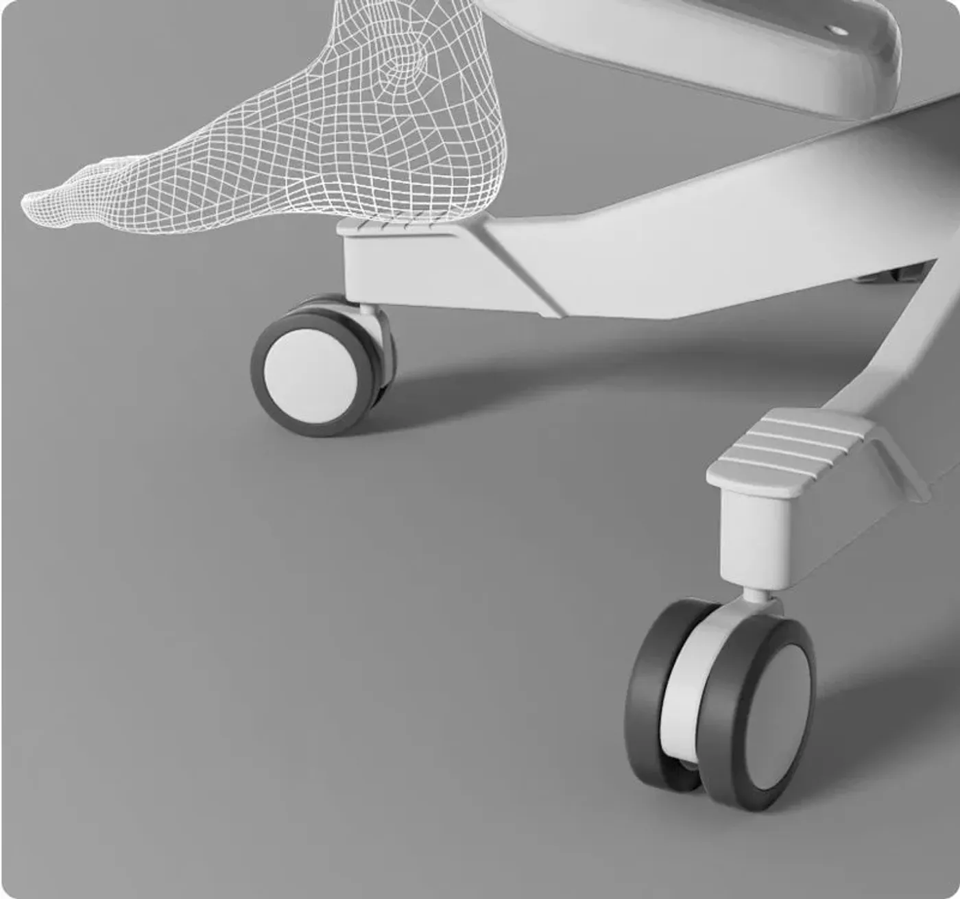 Close-up of the silent, non-slip nylon chair wheels and foot support