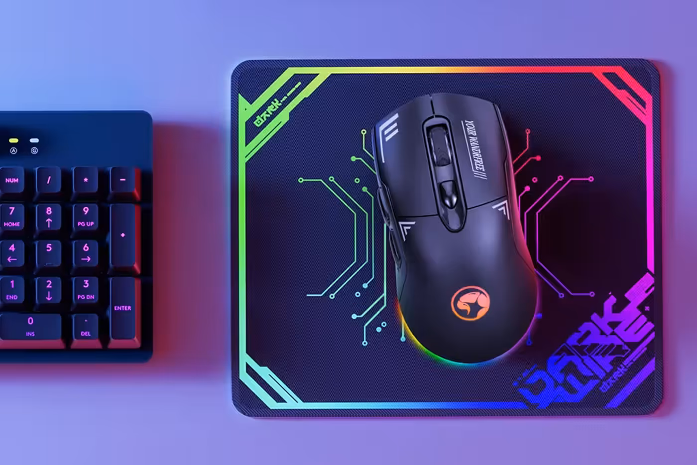 Duke 20 gaming mouse with vibrant RGB lighting enabled