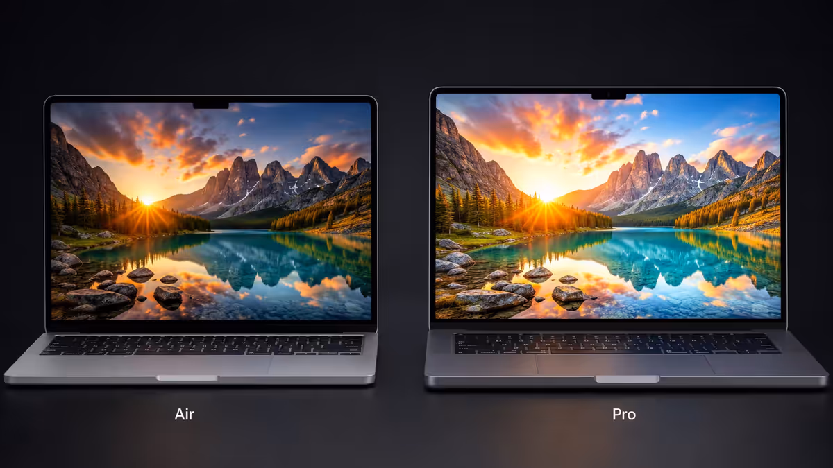 Both laptops side by side, displays on — Air and Pro positioned at the same angle