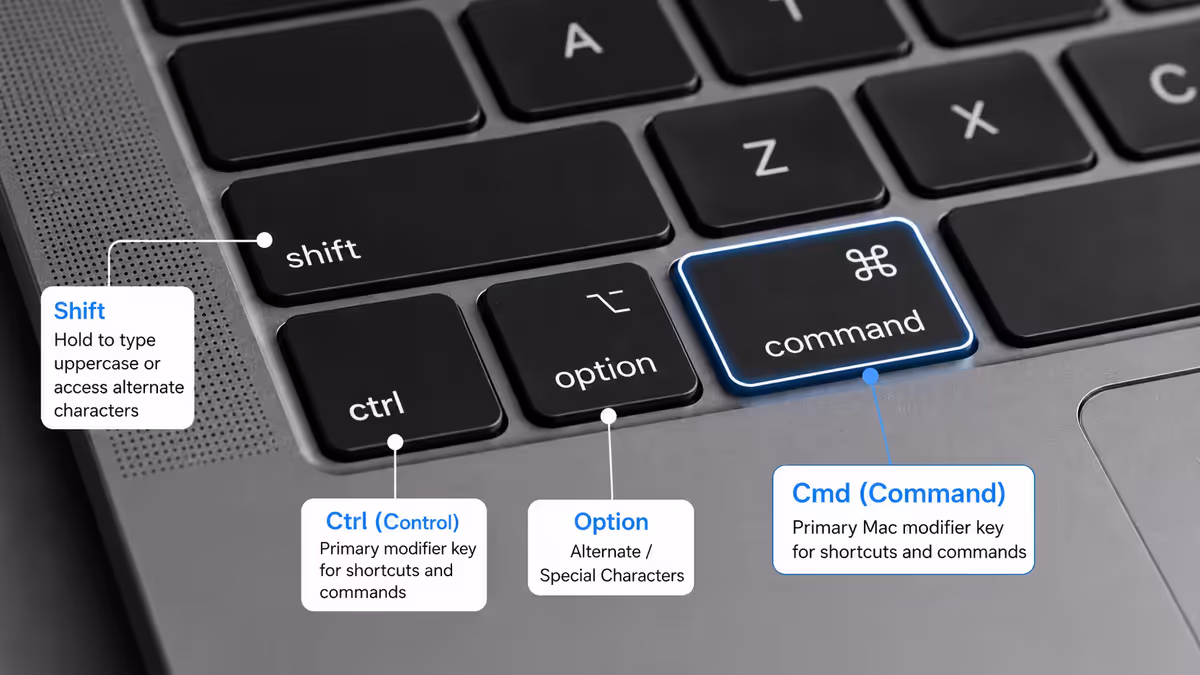 MacBook keyboard close-up with Cmd highlighted.