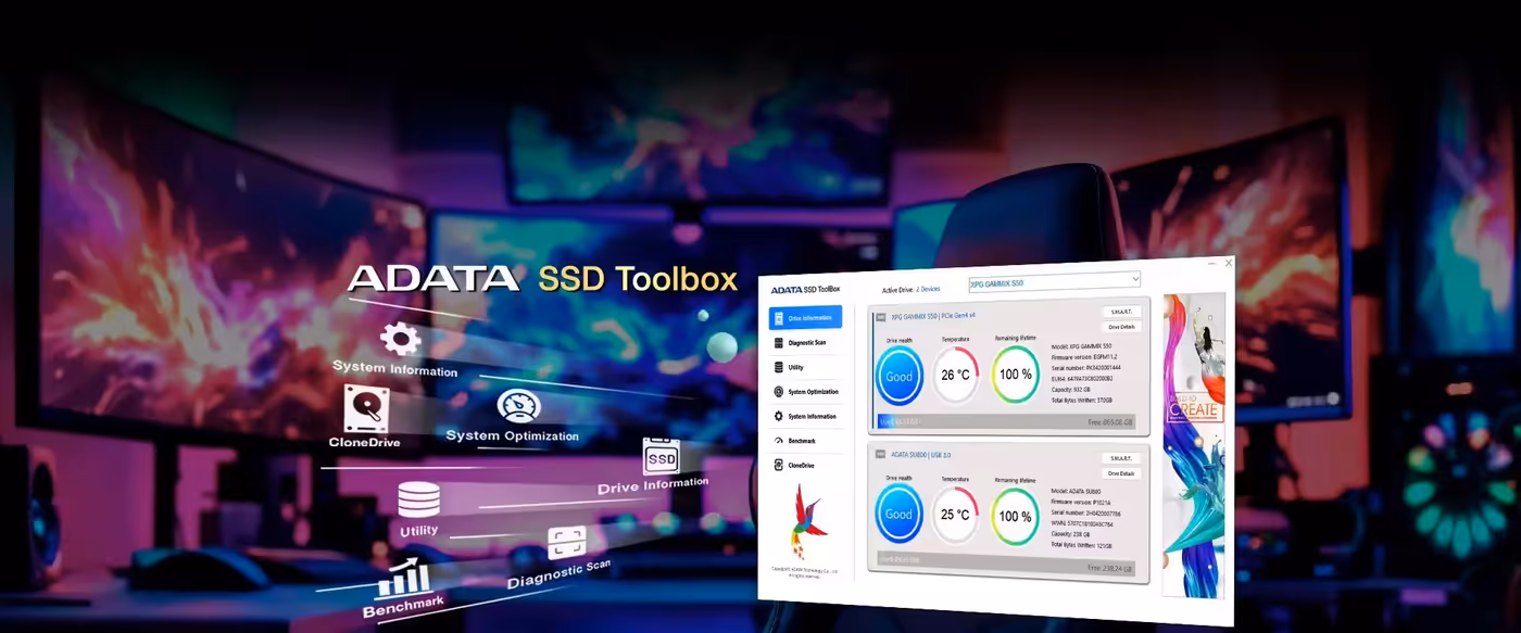 ADATA SSD Toolbox dashboard displaying S.M.A.R.T. health data and drive status