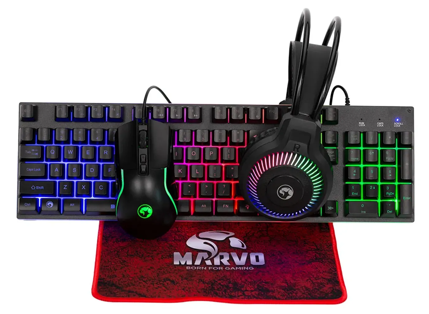 MARVO CM416 4-in-1 gaming bundle showing the keyboard, mouse, headset and mouse pad together