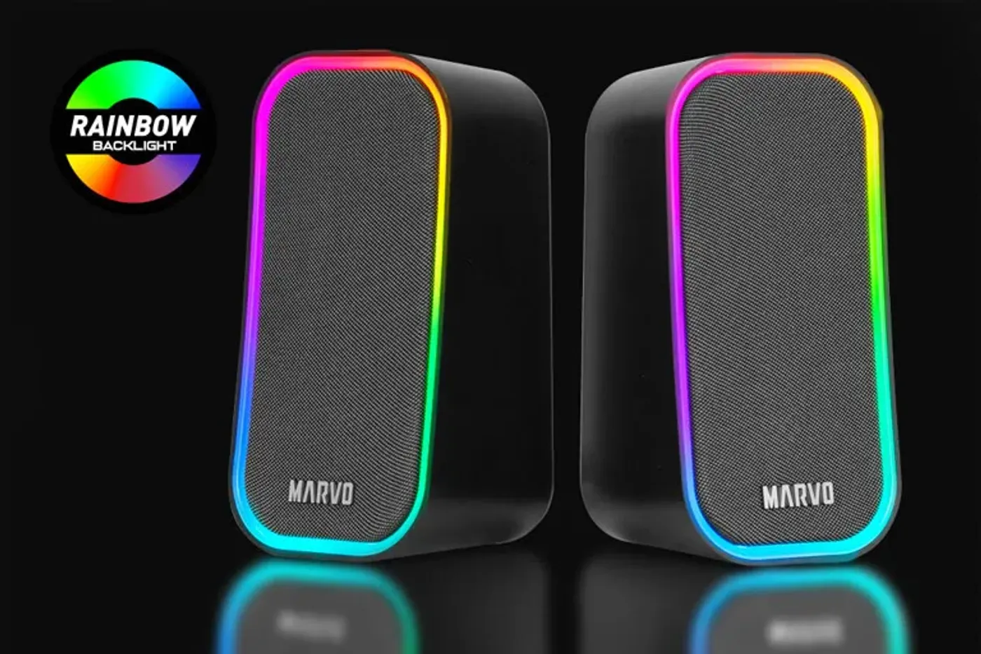 MARVO Havoc 20 speakers displaying dynamic RGB lighting effects for gaming setups