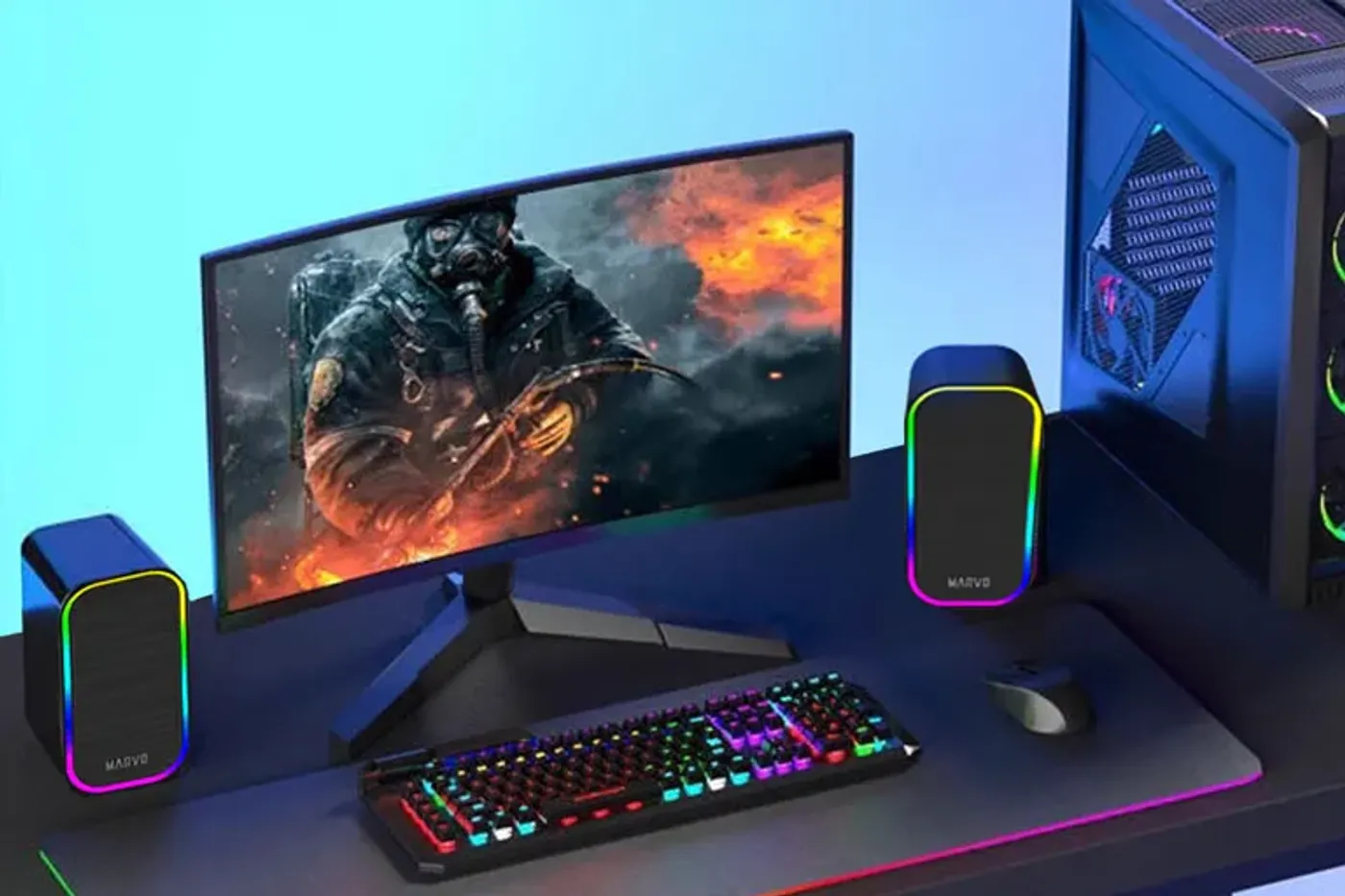 Compact MARVO Havoc 20 gaming speakers positioned on a workspace desk