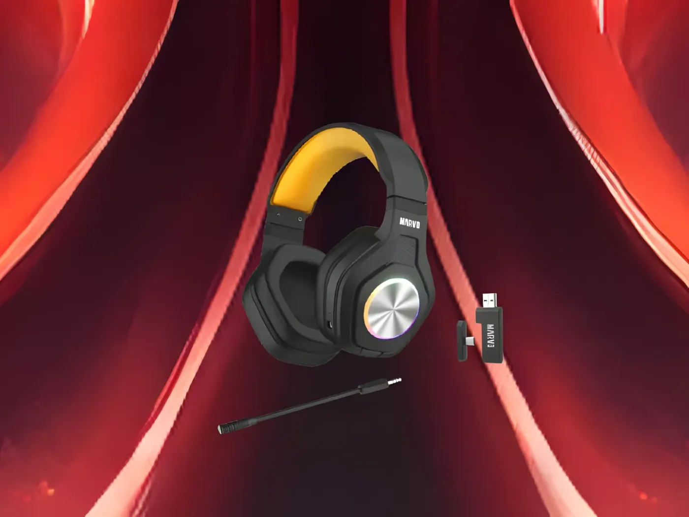 Wireless gaming headset showing multi-device connectivity and 10m range capability