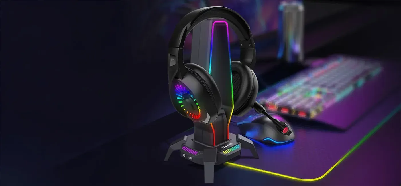 Marvo Kobe 30 HZ-10 headset holder with RGB lighting and its USB hub ports