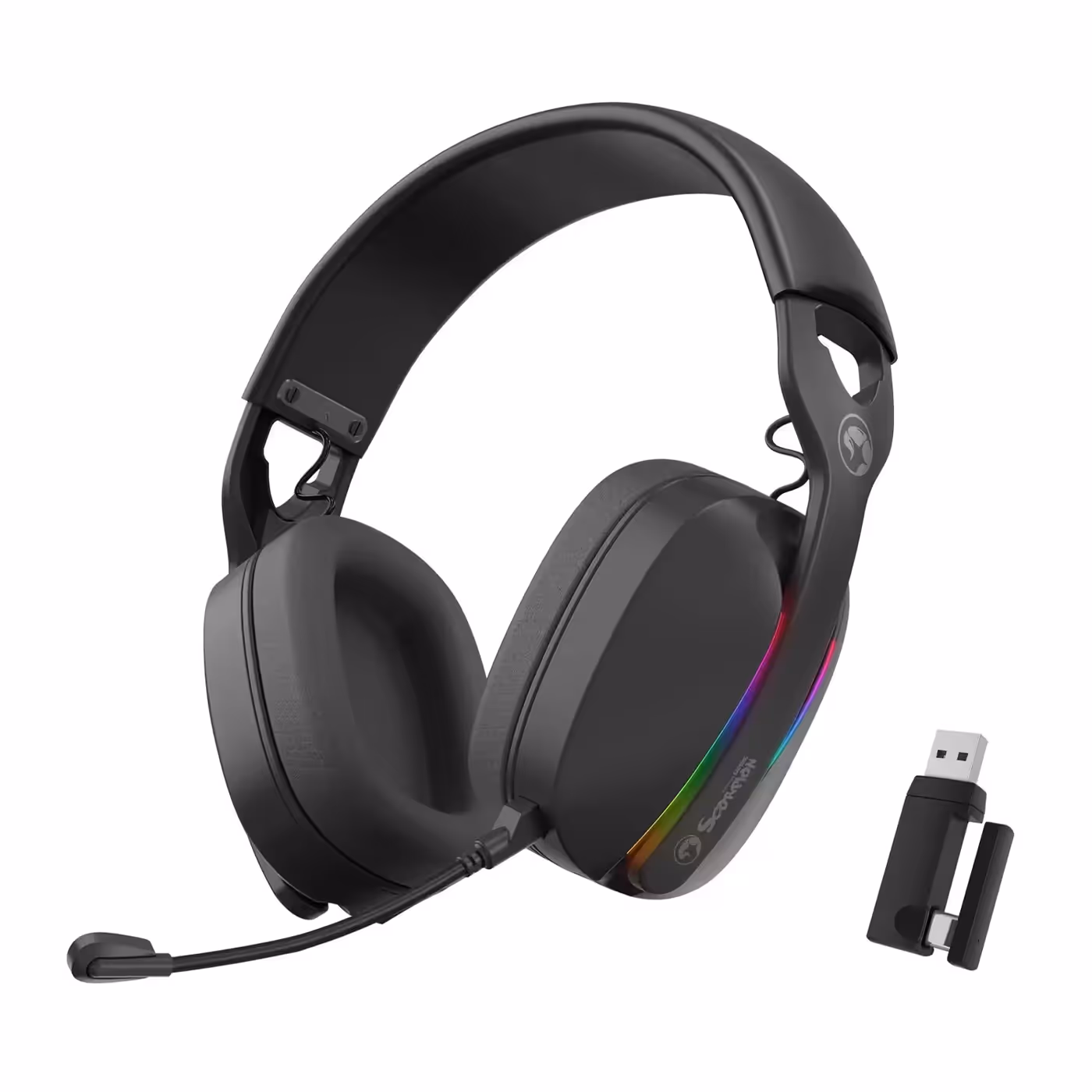 MARVO Pulz 70W wireless gaming headset shown at an angle with its microphone fitted
