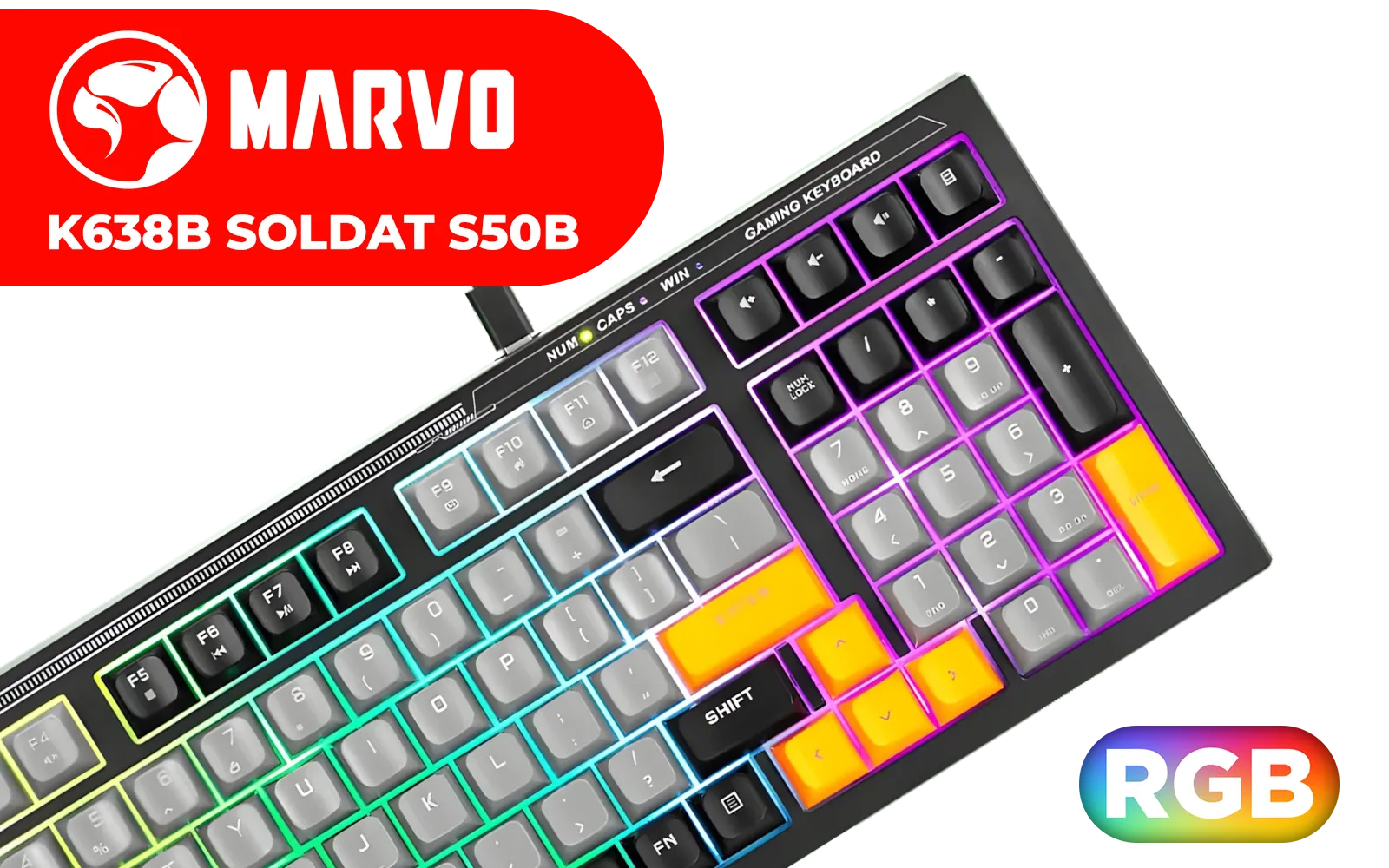 MARVO K638B Soldat S50B Membrane Gaming Keyboard / Rainbow Backlit / ABS Keycaps / Detachable USB Type-C Cable / K638B