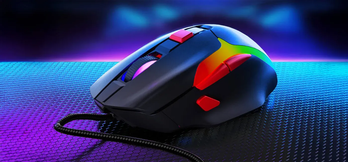 Marvo Tepo 70 wired gaming mouse shown from the front with its button layout visible