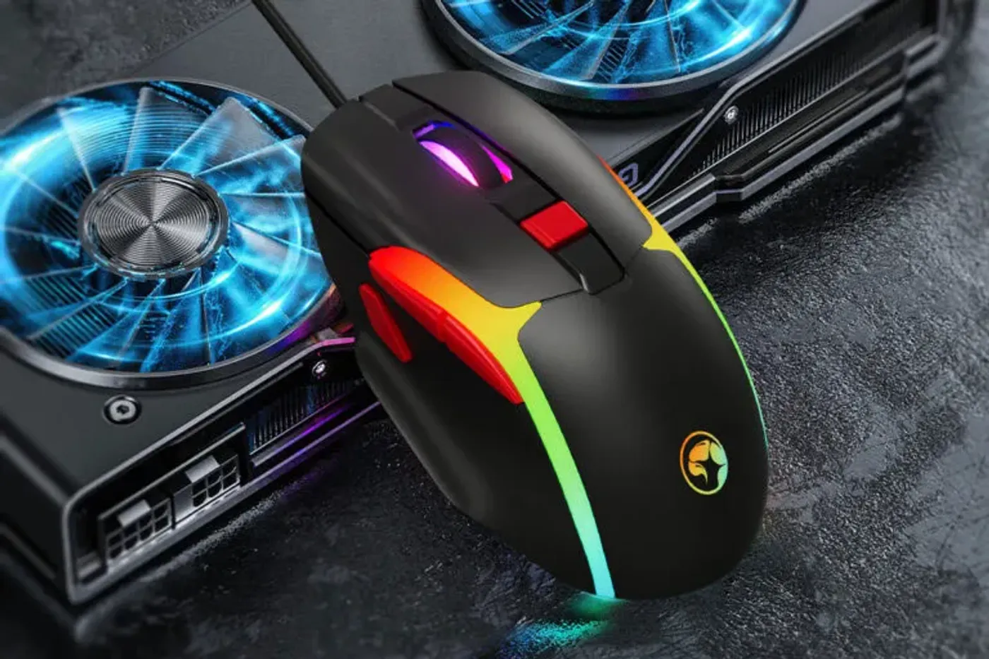Marvo Tepo 70 gaming mouse with its RGB backlight illuminated