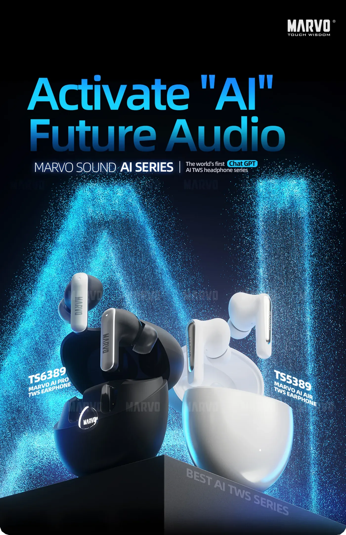 MARVO TS6389 AI Pro earphones in apricot with their compact charging case