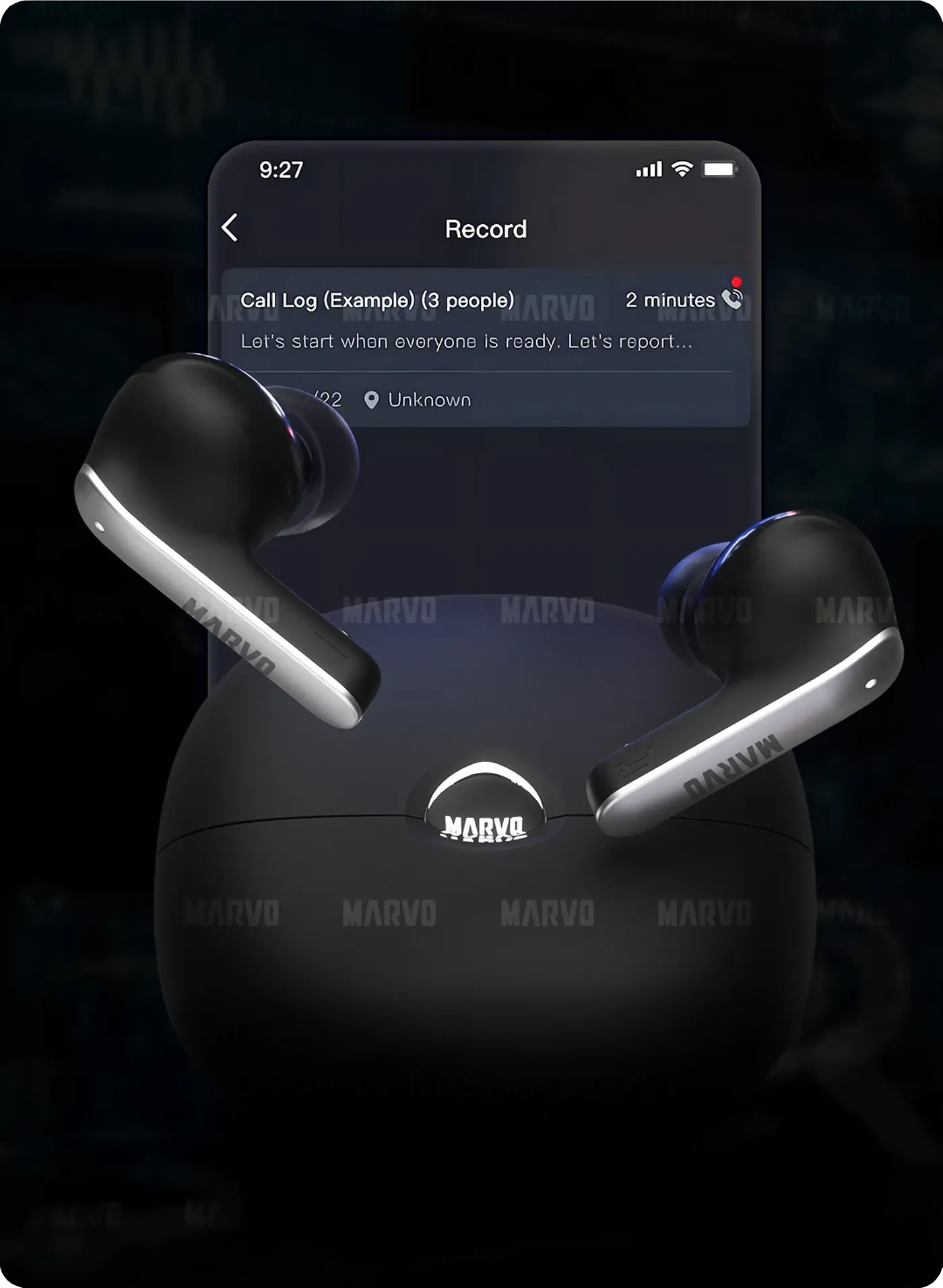 MARVO TS6389 AI Pro earphones showing AI recording and transcription in use