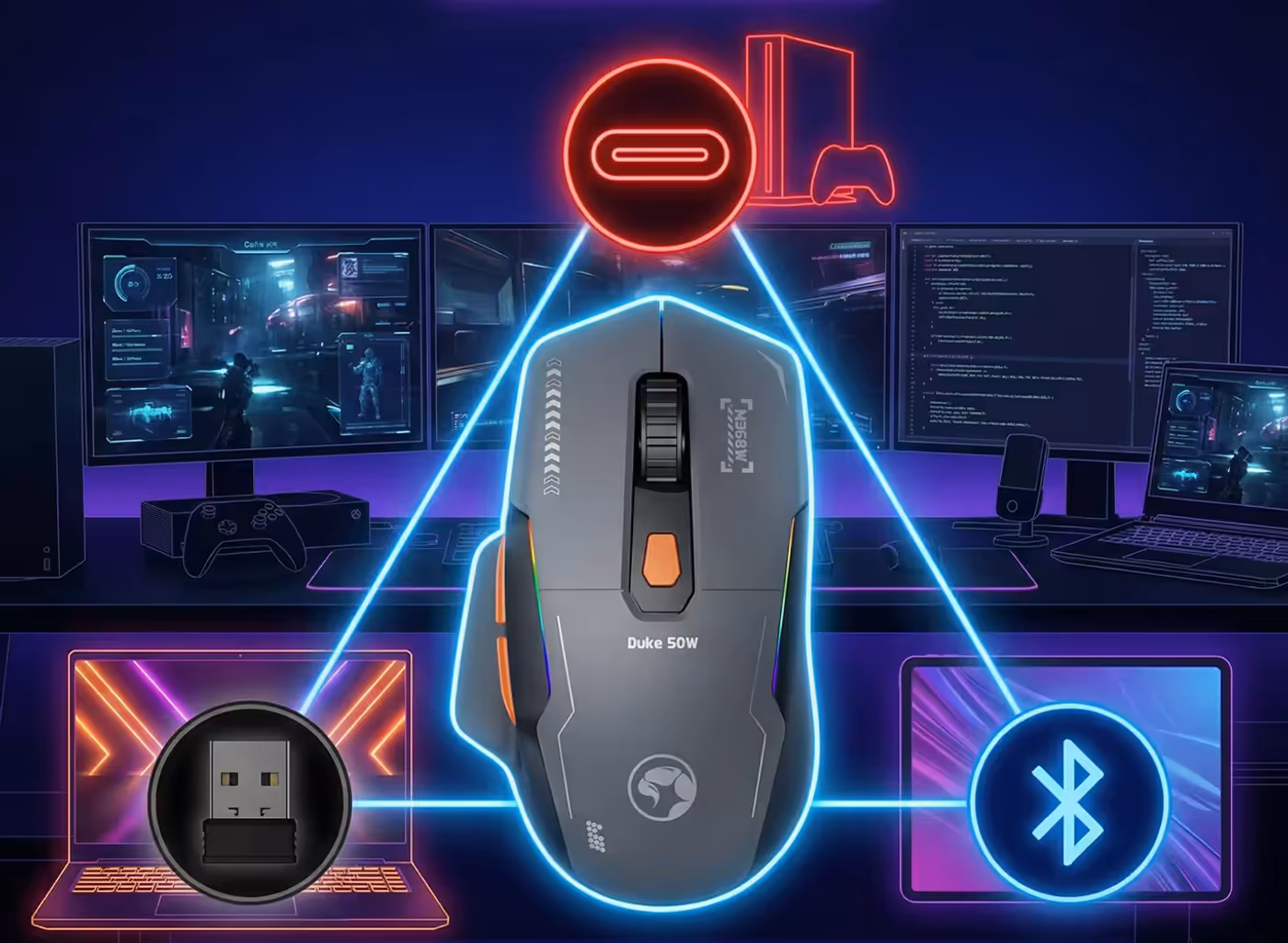 DUKE 50W gaming mouse illustrating tri-mode wireless and wired connectivity
