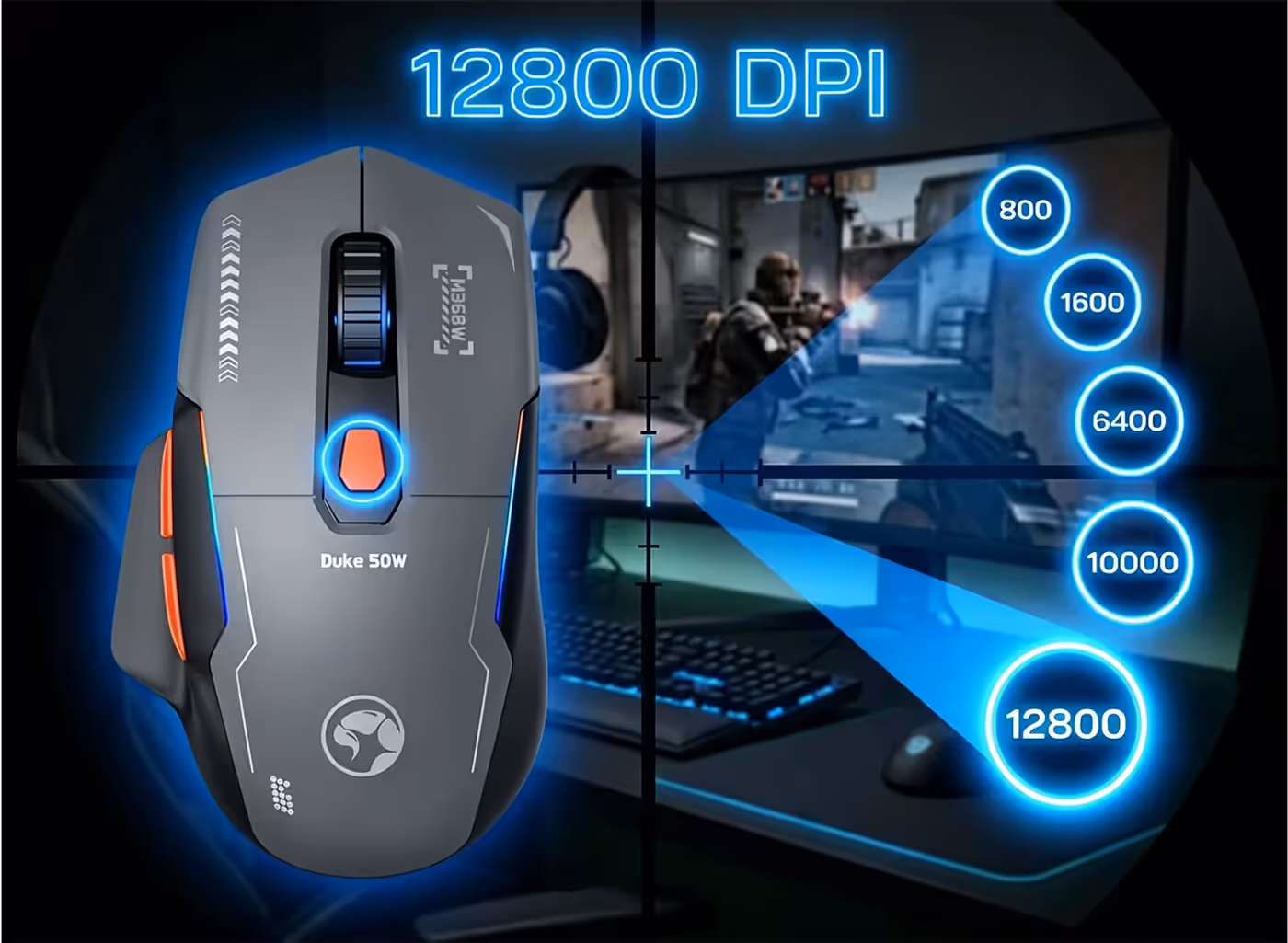 DUKE 50W mouse supporting 6 adjustable DPI levels from 800–12800