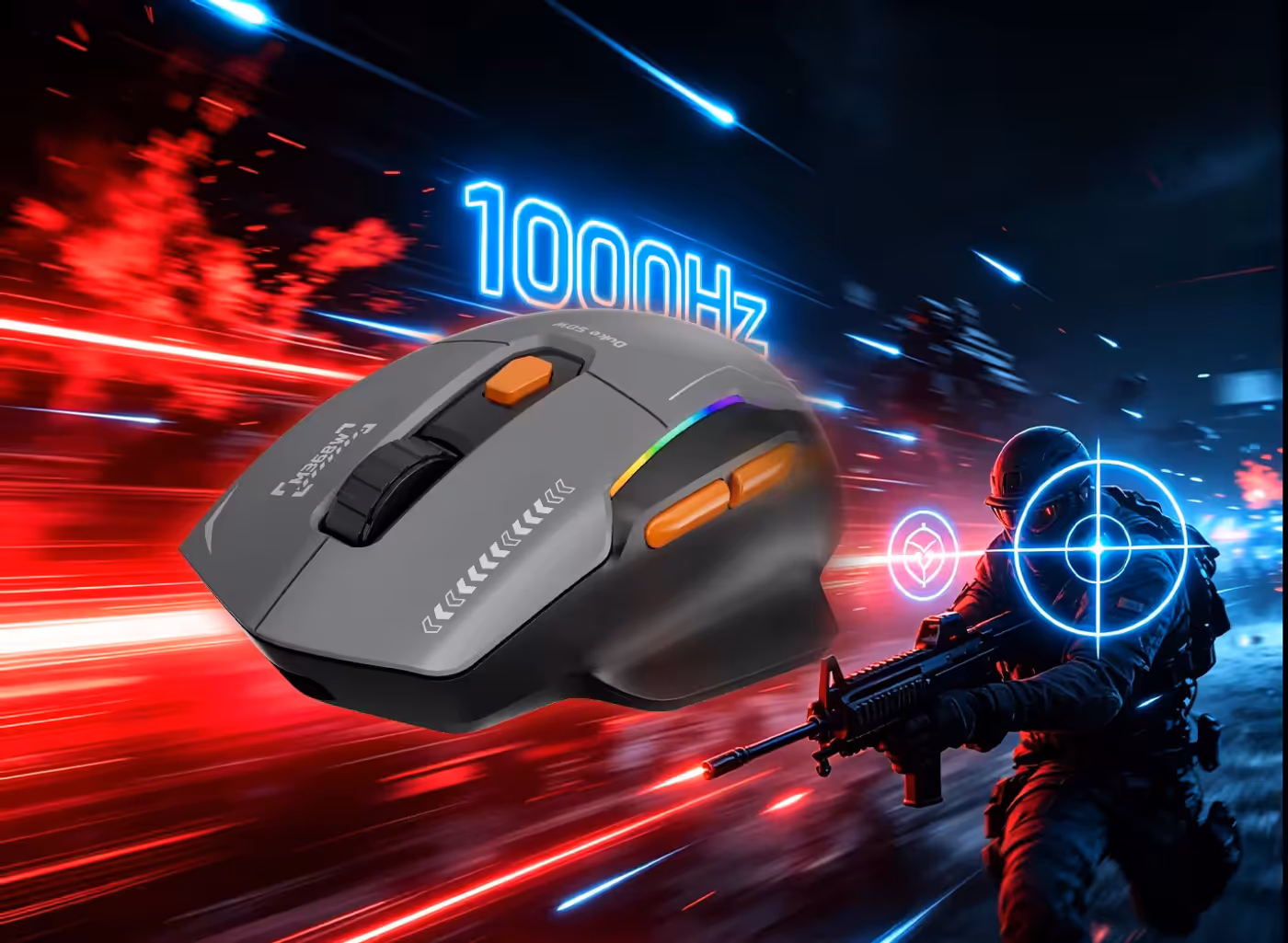 DUKE 50W gaming mouse showing fast 1000 Hz polling performance