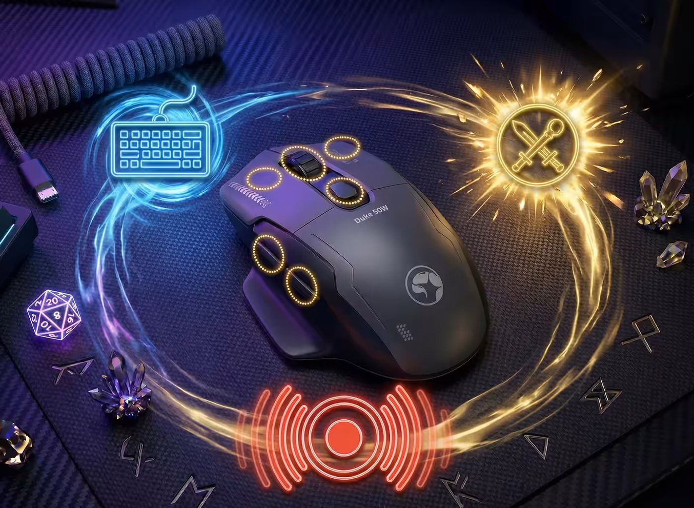 DUKE 50W mouse with customizable buttons and RGB lighting modes