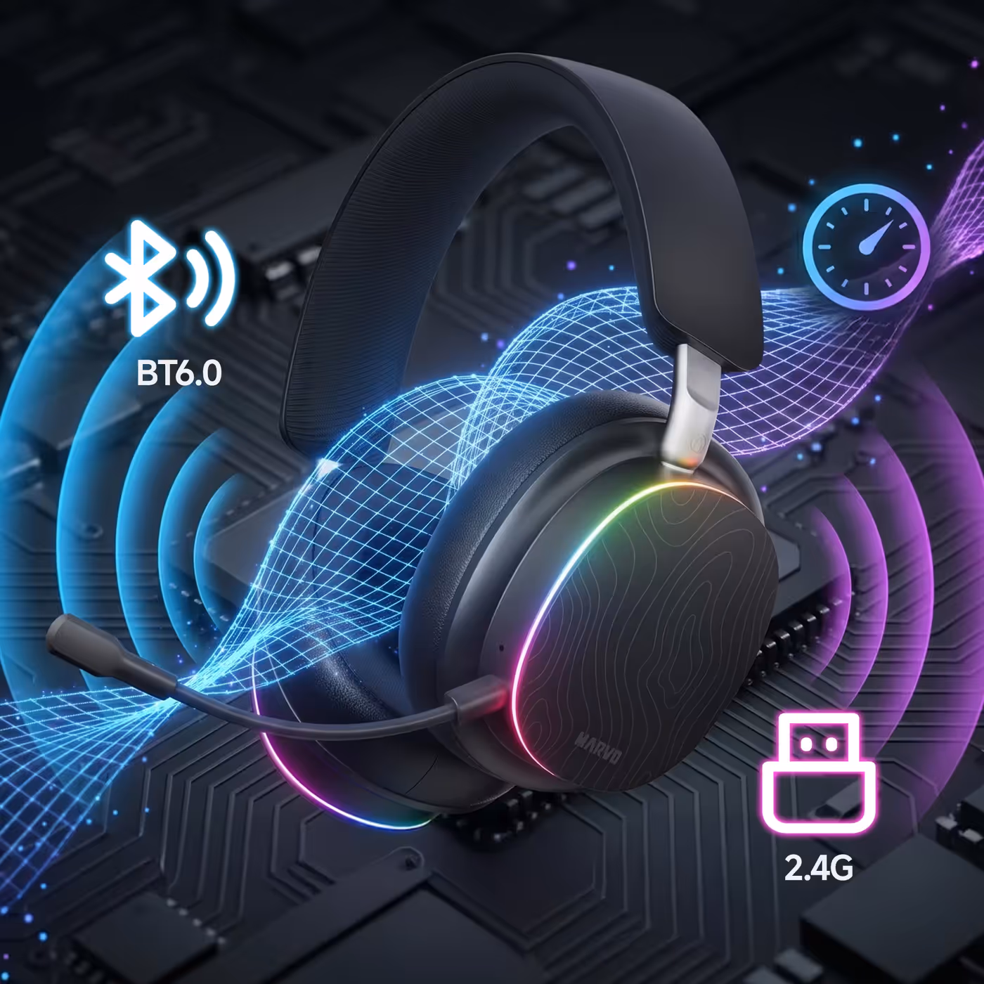 PULZ 90W headset supporting 2.4 GHz, Bluetooth 6.0, and wired USB connections