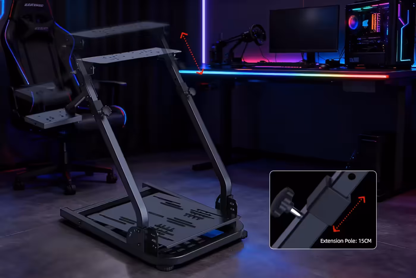 Adjustable wheel and pedal angles on the Racer GT-300 stand