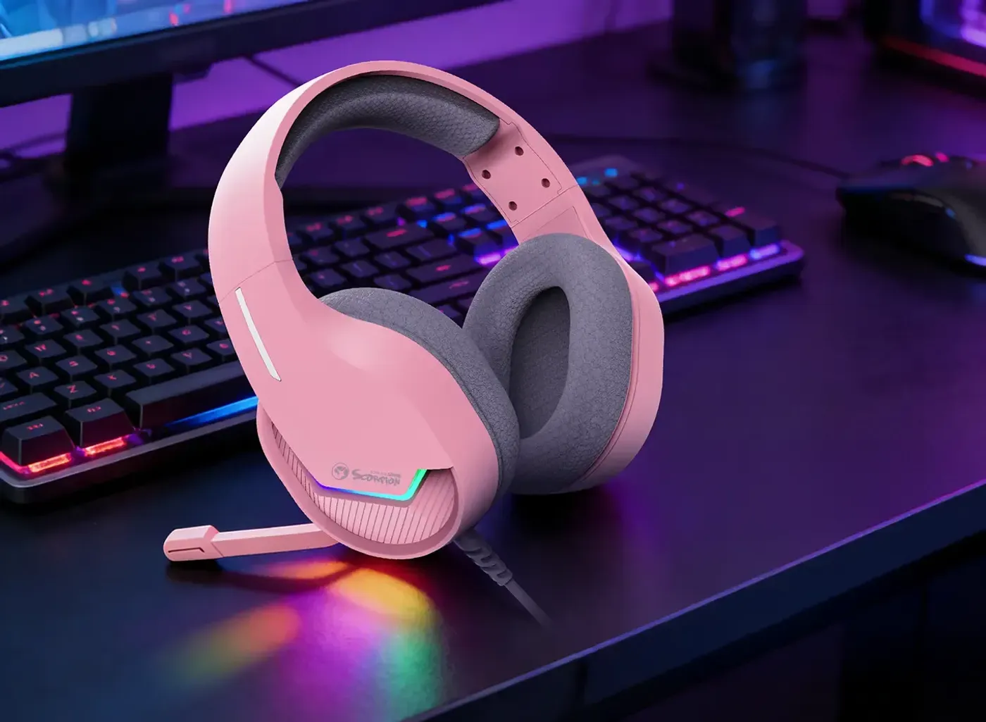 Marvo TACTIC 40 headphones with microphone, wire, pink, 2.0, backlighted, USB 10 MARVO Tactic 40 headset showcasing 50mm speakers for crystal-clear audio