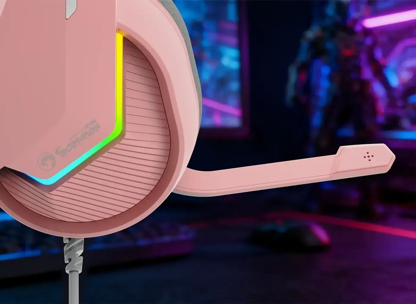 Marvo TACTIC 40 headphones with microphone, wire, pink, 2.0, backlighted, USB 11 MARVO Tactic 40 gaming headset featuring vibrant RGB backlighting