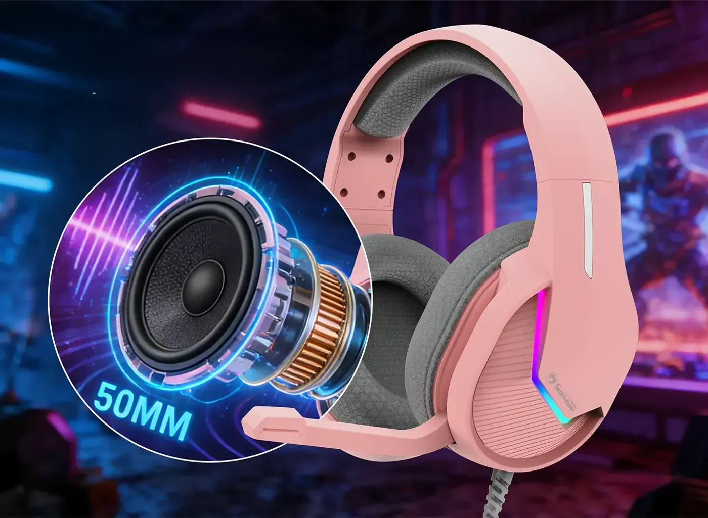 Marvo TACTIC 40 headphones with microphone, wire, pink, 2.0, backlighted, USB 13 MARVO Tactic 40 with detachable omnidirectional microphone for clear team communication