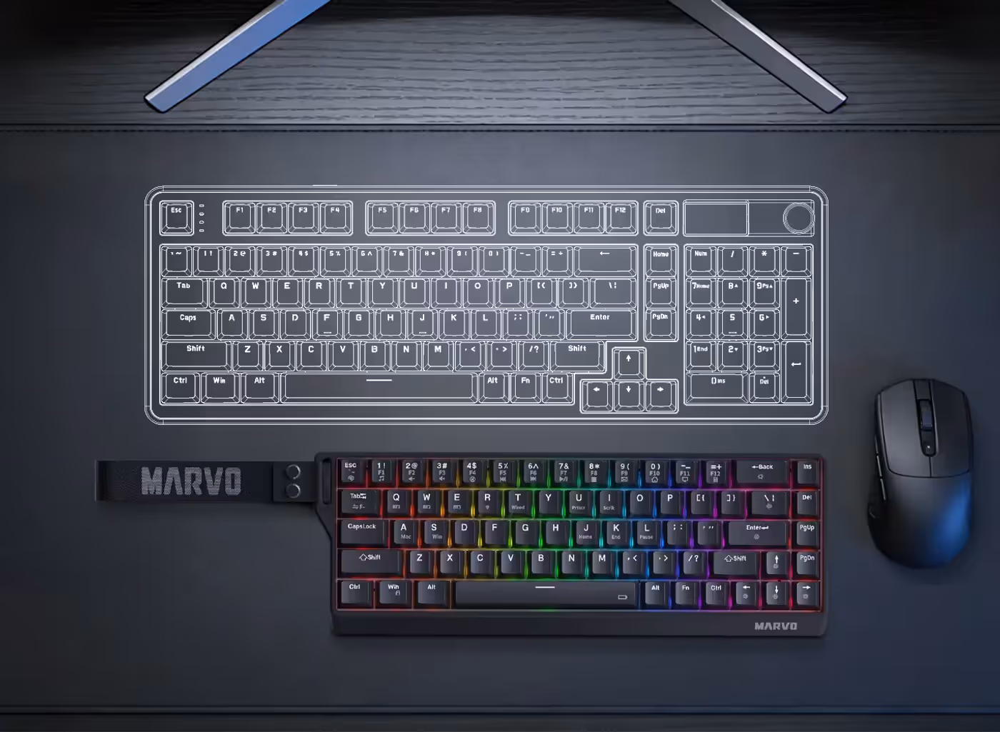 Compact 65% mechanical keyboard layout designed for optimized desk space