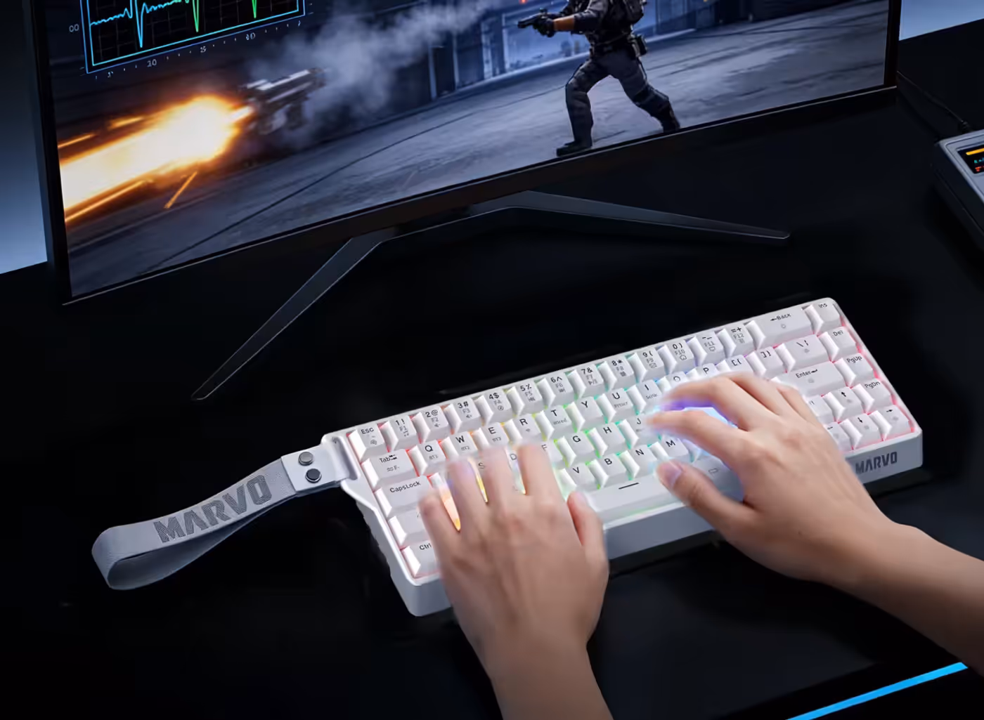 SABER 65W keyboard highlighting mechanical precision and wireless versatility for gamers