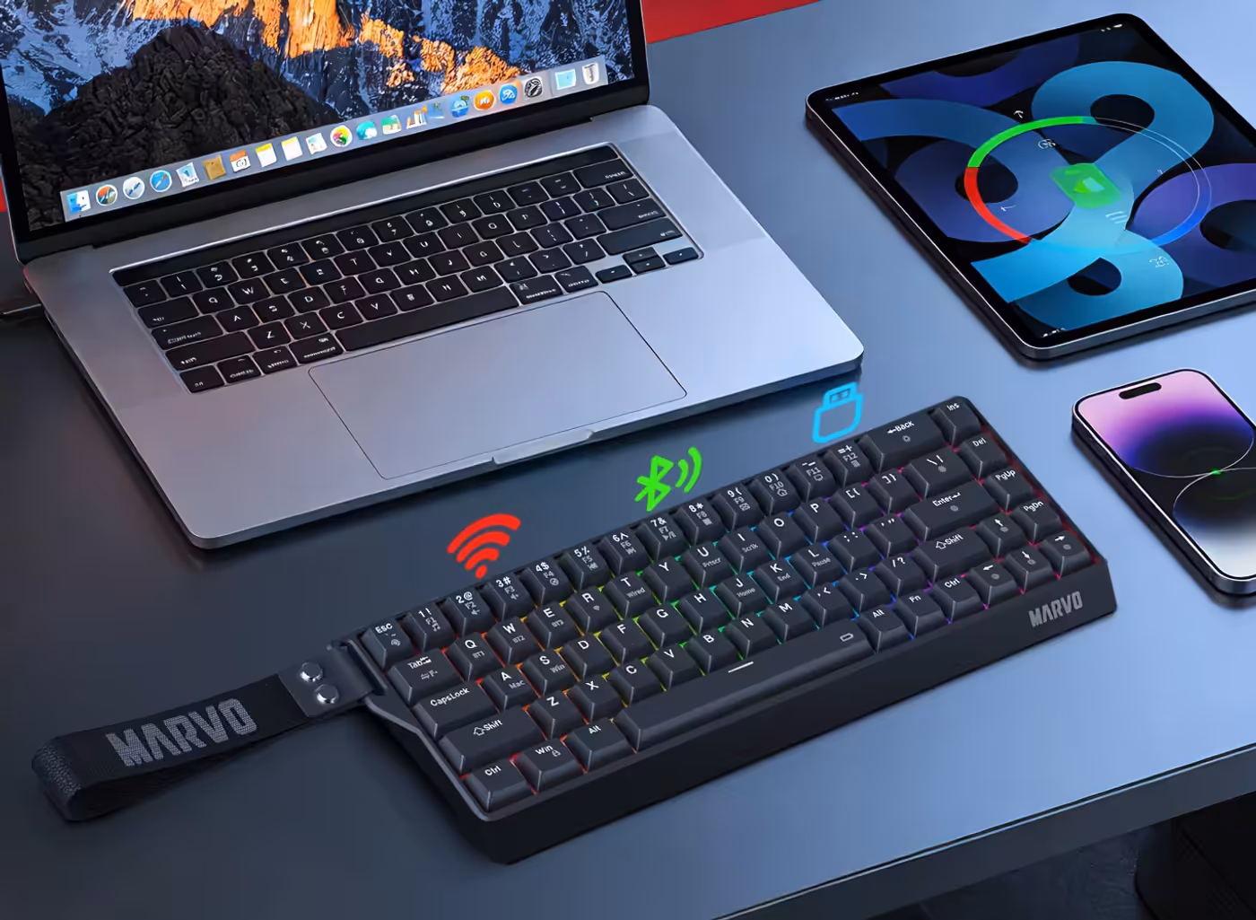 Keyboard showcasing multiple connection modes including Bluetooth 5.3 and 2.4G wireless