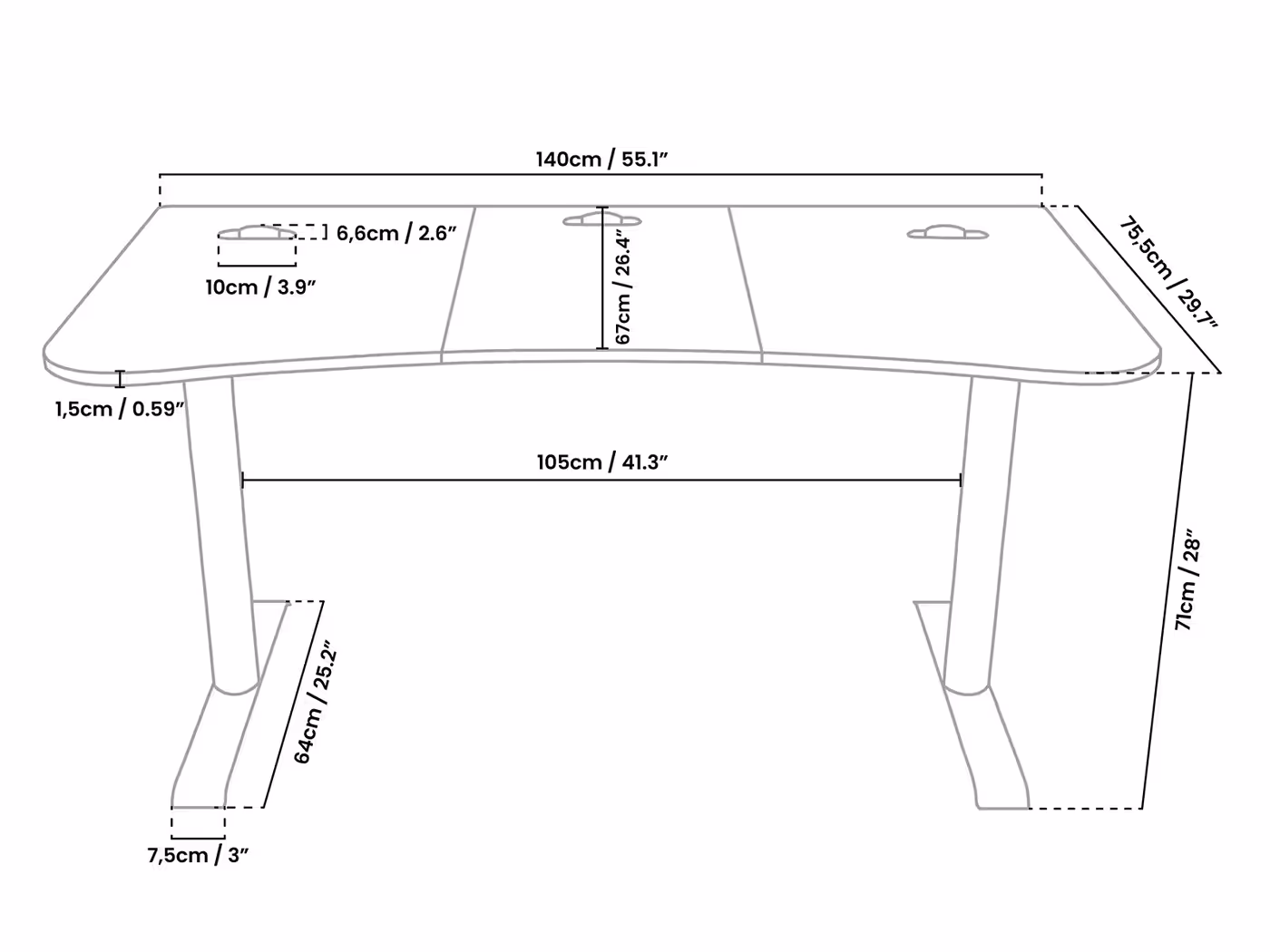 Detailed measurements and dimensions diagram for Arena Medium desk