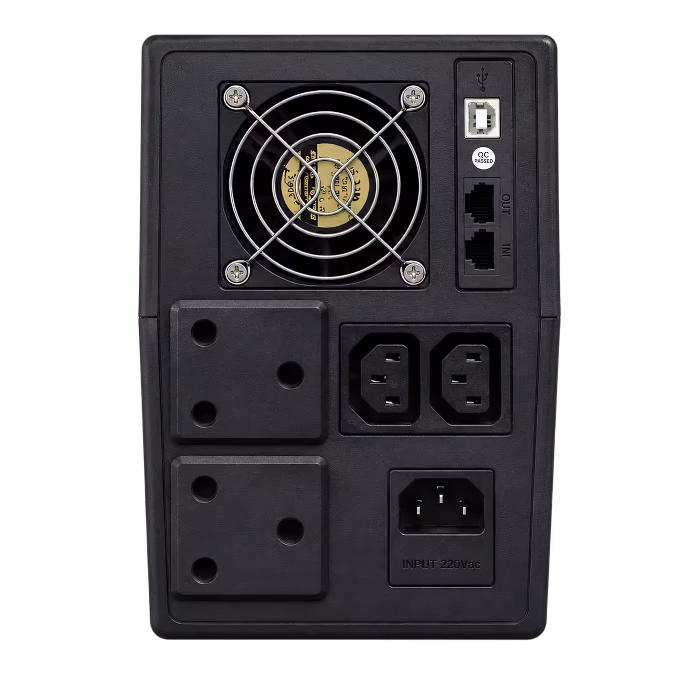 Close up of Mecer UPS communication and network protection ports