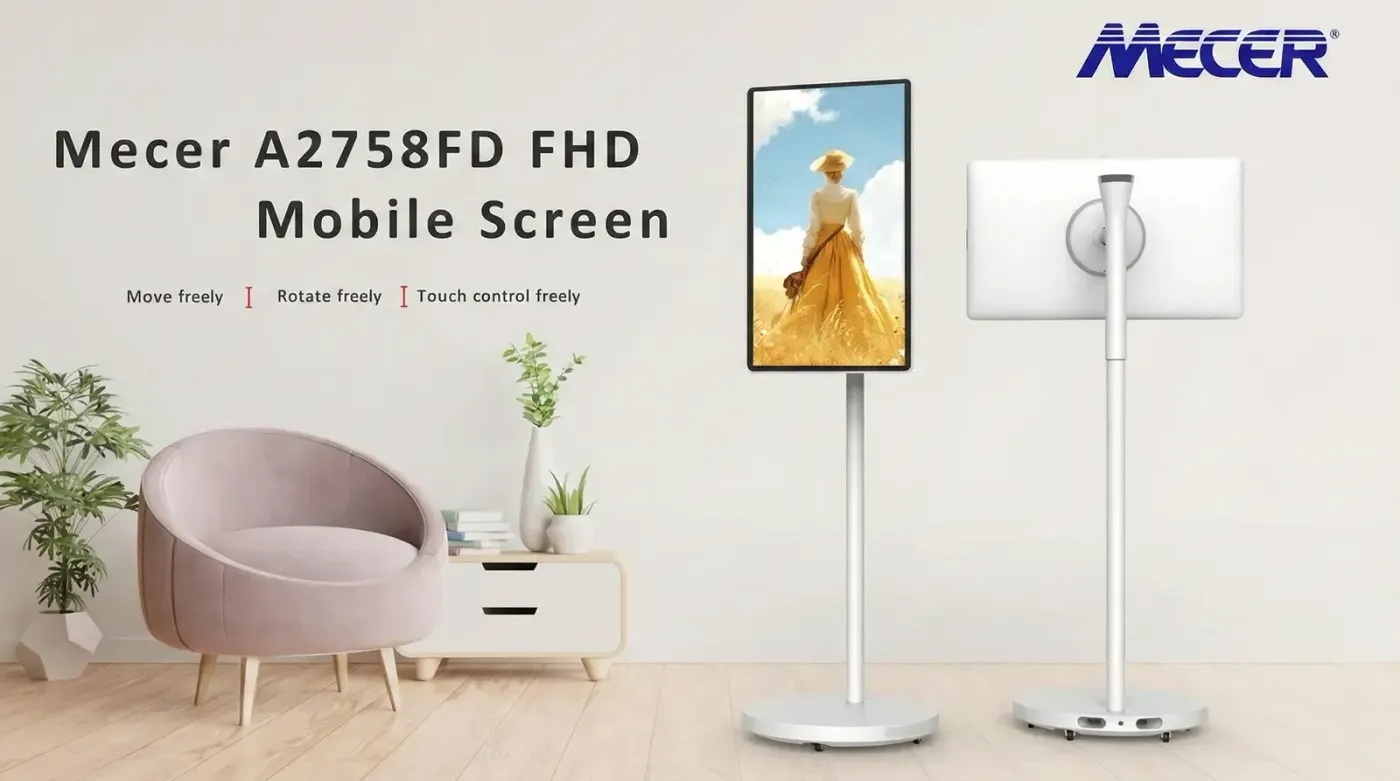 Mecer A2758FD 27 inch mobile monitor on its rolling stand
