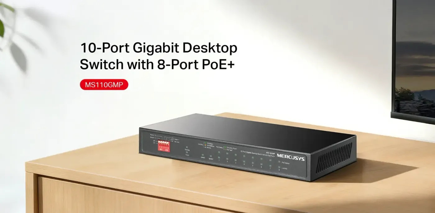 Mercusys MS110GMP 10-port gigabit switch showing its eight PoE+ ports and two gigabit uplink ports