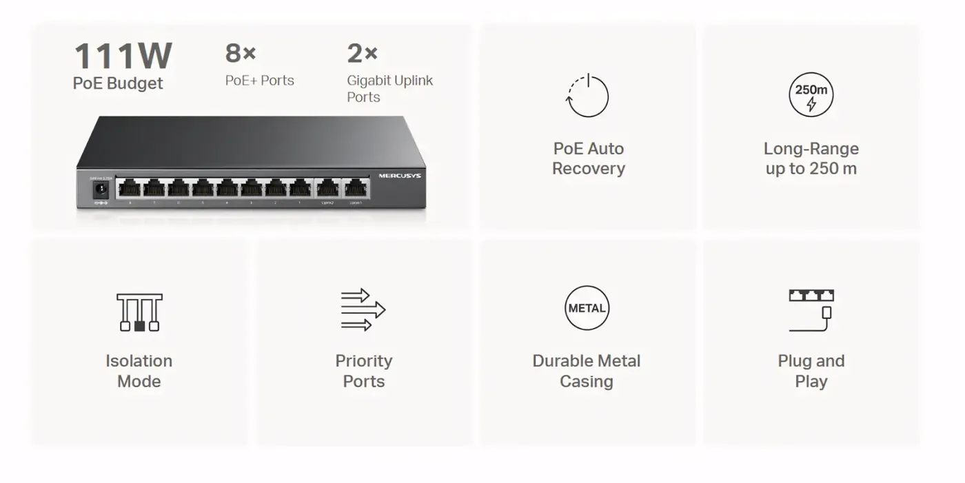 Close-up of the MS110GMP metal chassis and its front port row on a desktop