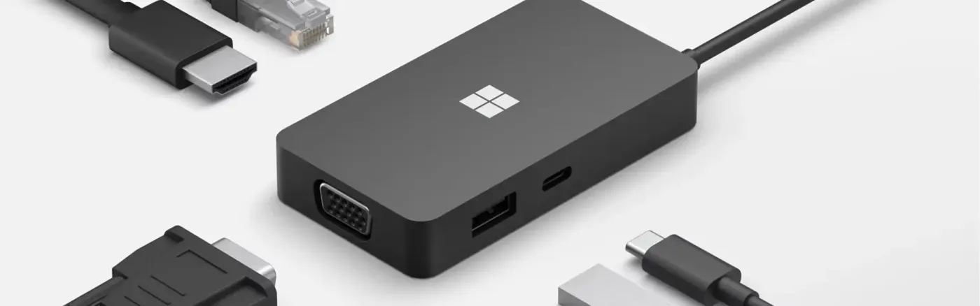 Microsoft Surface USB-C Travel Hub with its attached cable and port array