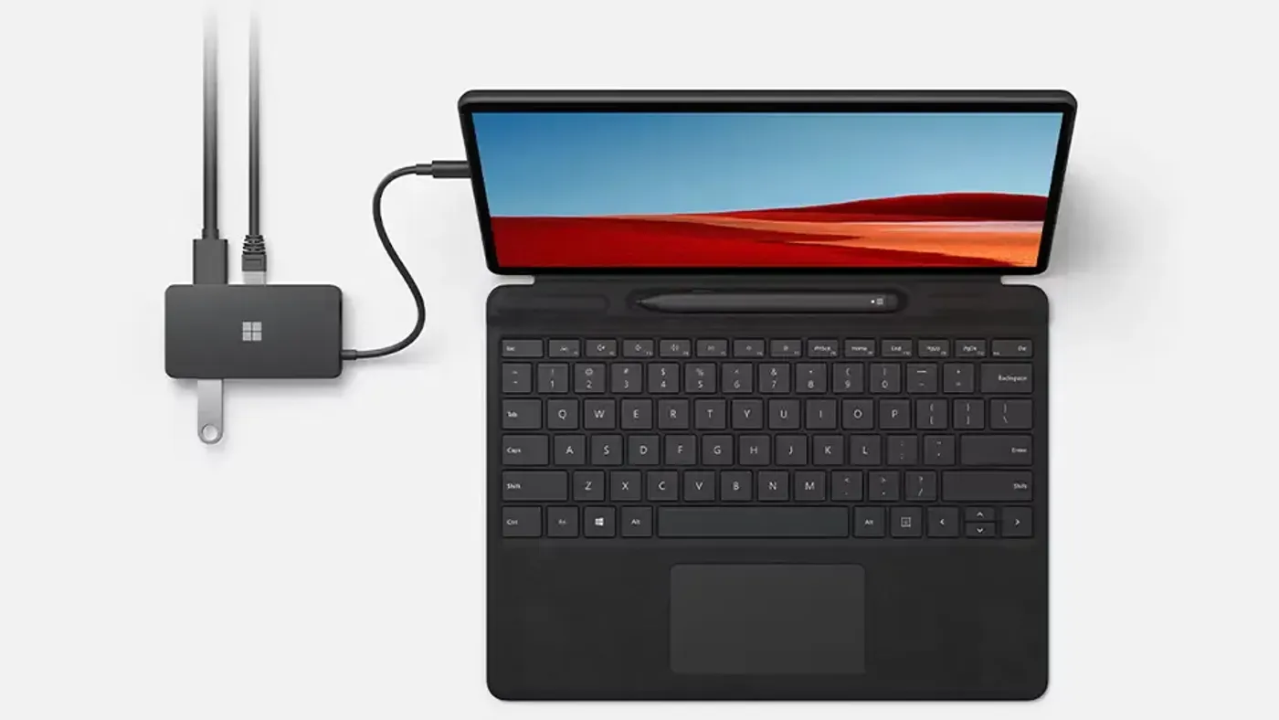 Surface USB-C Travel Hub connected to a laptop and driving an external display