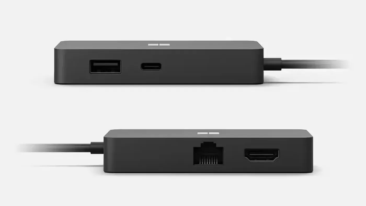 Port row on the Microsoft Surface USB-C Travel Hub including HDMI, VGA, Ethernet and USB-A