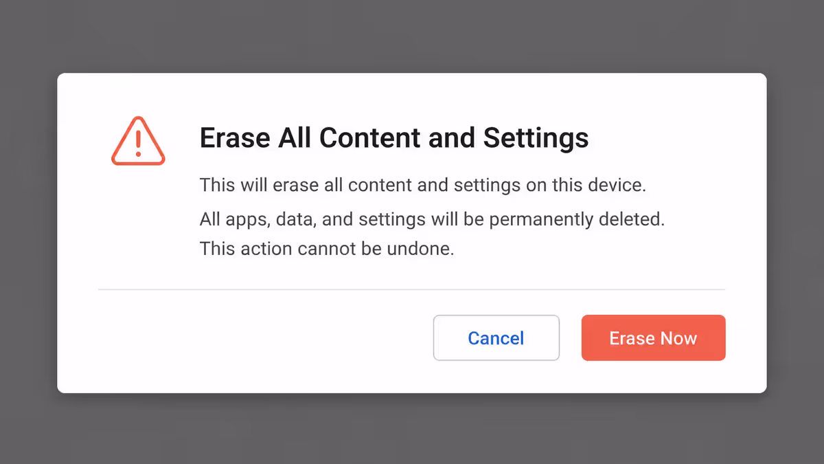 Erase All Content and Settings dialog