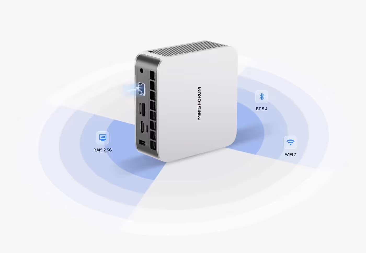Front view of MiniForum AI X1 Ryzen Mini PC showing sleek design