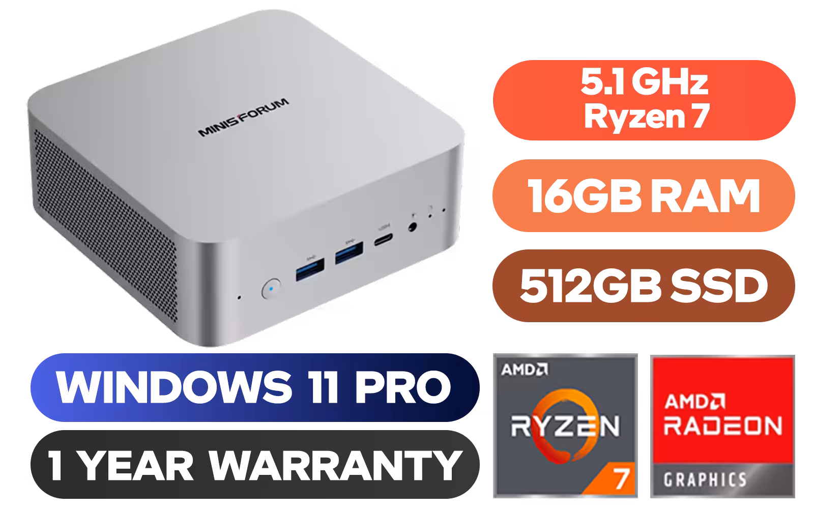 MINISFORUM AI X1-255 Mini PC with AMD Ryzen 7 255 (8C/16T, up to 5.1 GHz), 16GB DDR5 Memory, 512GB SSD Storage, HDMI/DP/USB4 (4K@120 Hz), Dual Speaker/DMIC,USB-A X 3, 2.5G LAN, Wi-Fi 7/BT5.4