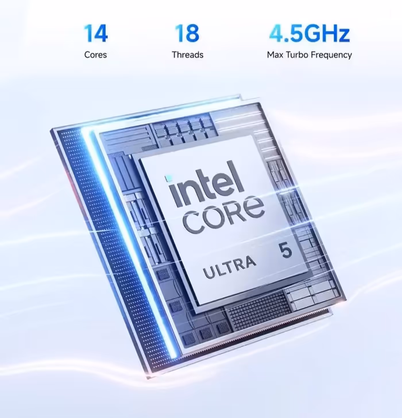 Internal view of the Intel Core Ultra 5 125H processor showcasing 14 cores and AI architecture