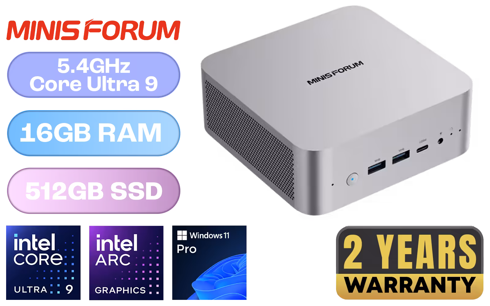 MINISFORUM M1 Pro Ultra 9 Mini PC / Intel Core Ultra 9-285H (16x Cores, 16x Threads, 2.7GHz Base) up to 5.4GHz / 16GB DDR5 RAM / 512GB NVMe SSD /