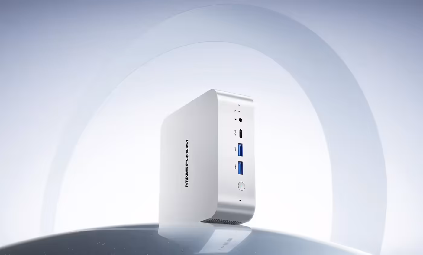 Compact AI-powered desktop computer showcasing high performance in a small form factor
