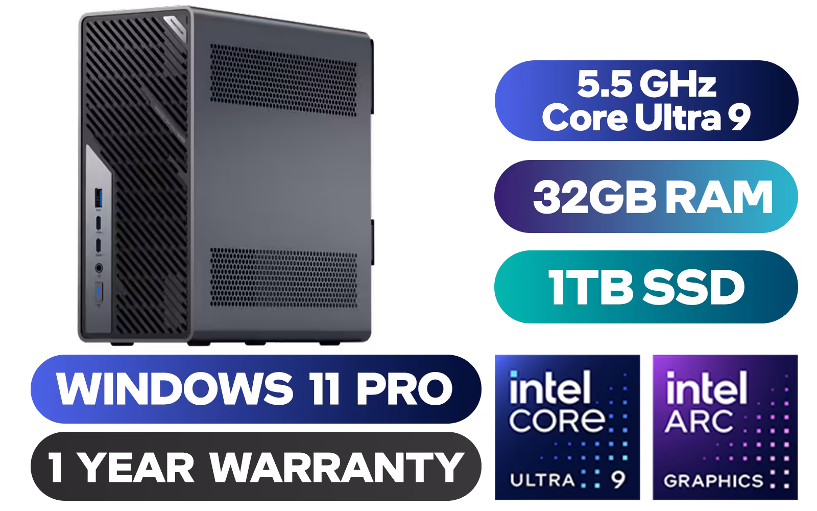 MINISFORUM MS-02 Ultra 9 Mini PC / Intel Core Ultra 9-285HX (24x Cores, 24x Threads, 2.8GHz Base) up to 5.5GHz / 32GB DDR5 RAM / 1TB NVMe SSD / Integrated Intel Graphics / Windows 11 Pro / WIFI 7 / Bluetooth 5.4 / 4x USB Type-A / 3x USB Type-C (Supports DisplayPort 2.0 / Power Delivery) / 1x OCulink / 1x DIsplayPort 1.4 / 2x RJ45 / 1x Dual 25GbE RJ45 NIC / 1x HDMI / Dual-Slot GPU Support / 1x Microphone & Headphone Combo Jack / Kensington Lock / External Power Button