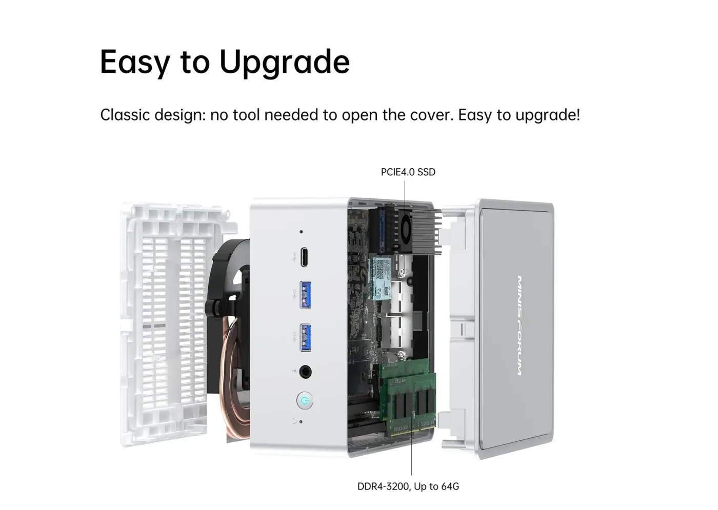 Mini PC showing integrated active solid-state cooling system and side vents