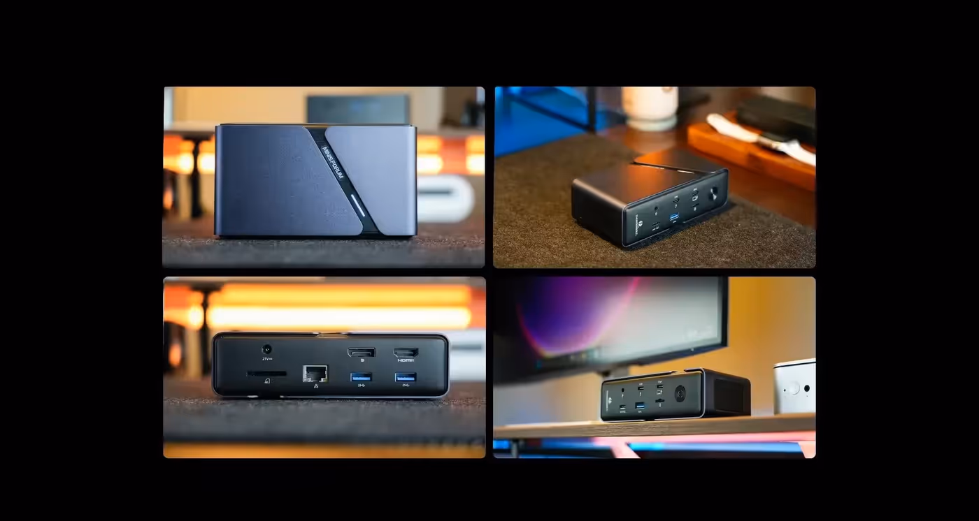 MINISFORUM TB4-01 dock in a multi-monitor workstation setup
